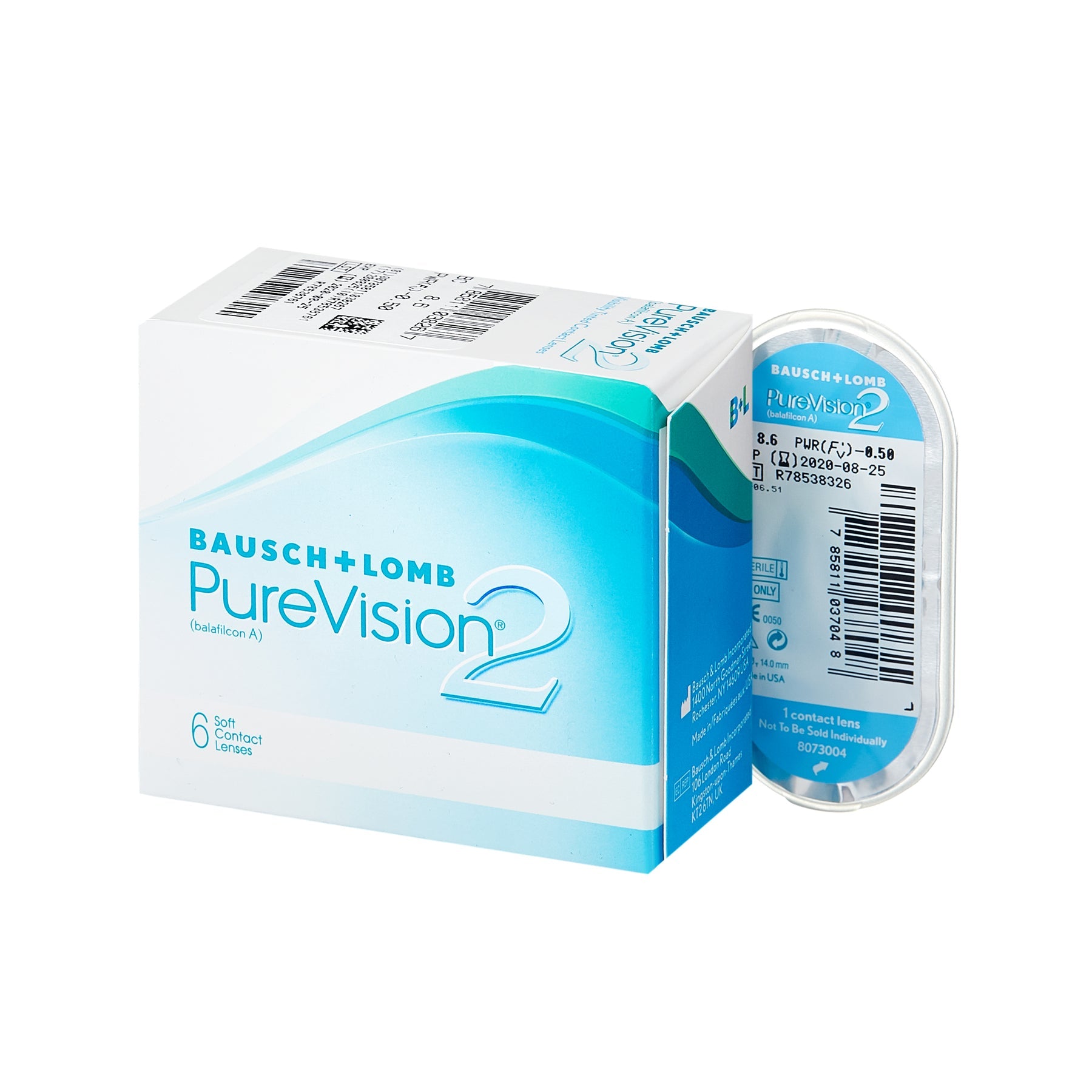 Close-up of clear Bausch & Lomb Pure Vision 2 prescription contact lenses on a white background.