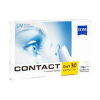 Pair of ZEISS SPHERE prescription contact lenses in a clear blister pack, showcasing their round shape and brand markings.
