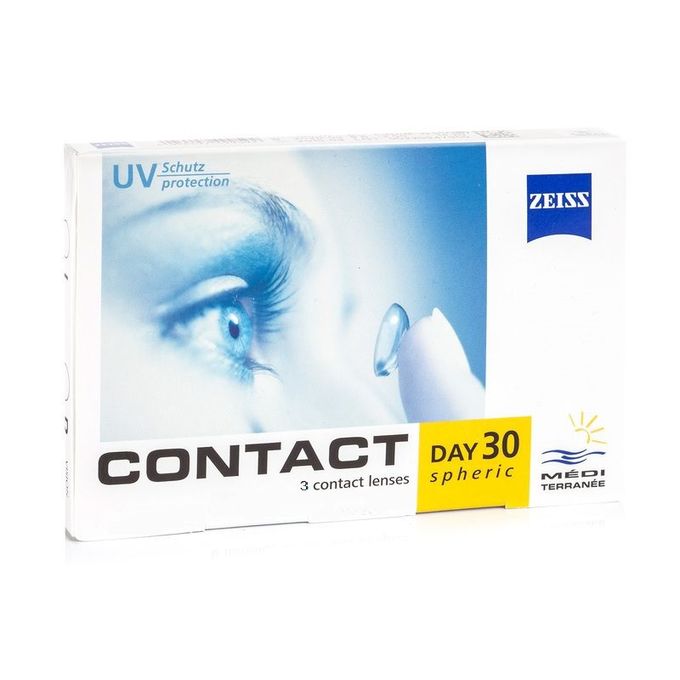 Pair of ZEISS SPHERE prescription contact lenses in a clear blister pack, showcasing their round shape and brand markings.