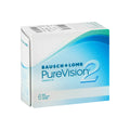 Bausch & Lomb Pure Vision 2 prescription contact lenses in a clear lens case with a close-up view of the lenses
