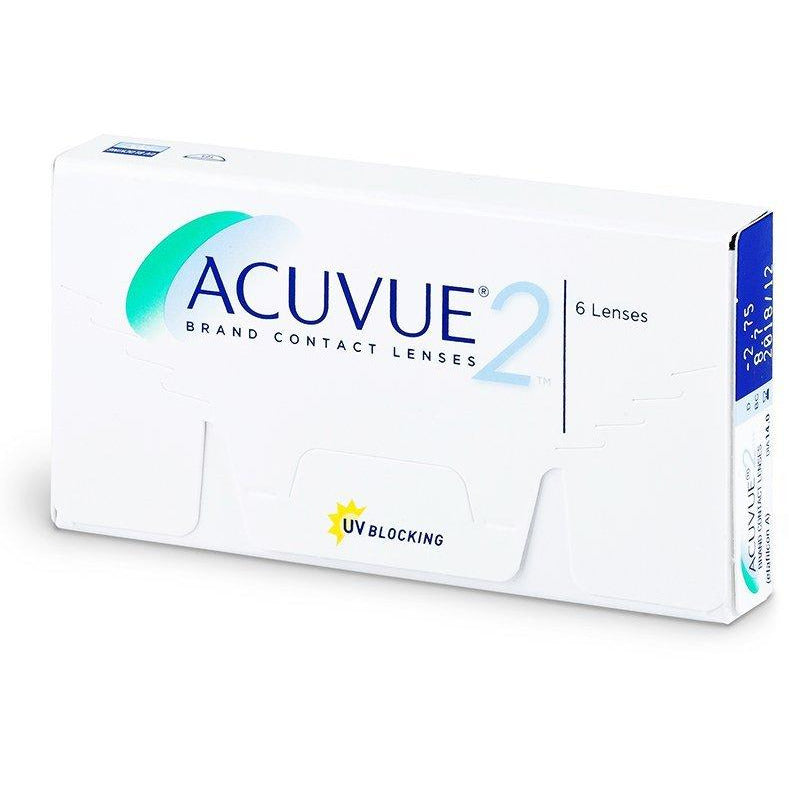 Johnson & Johnson Acuvue 2 prescription contact lenses shown in a close-up image, highlighting their clear, soft design.