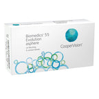 A box of Biomedics 55 Evolution prescription contact lenses by Cooper Vision, with six lenses inside.