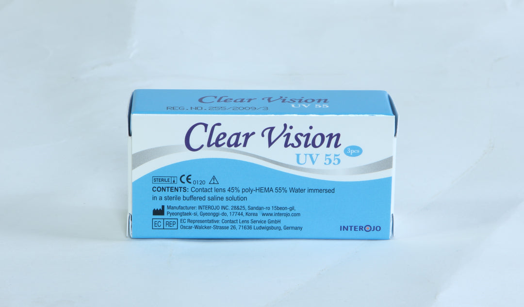 Clear Vision prescription contact lenses by Interojo, showing a close-up of the transparent lenses in their packaging.