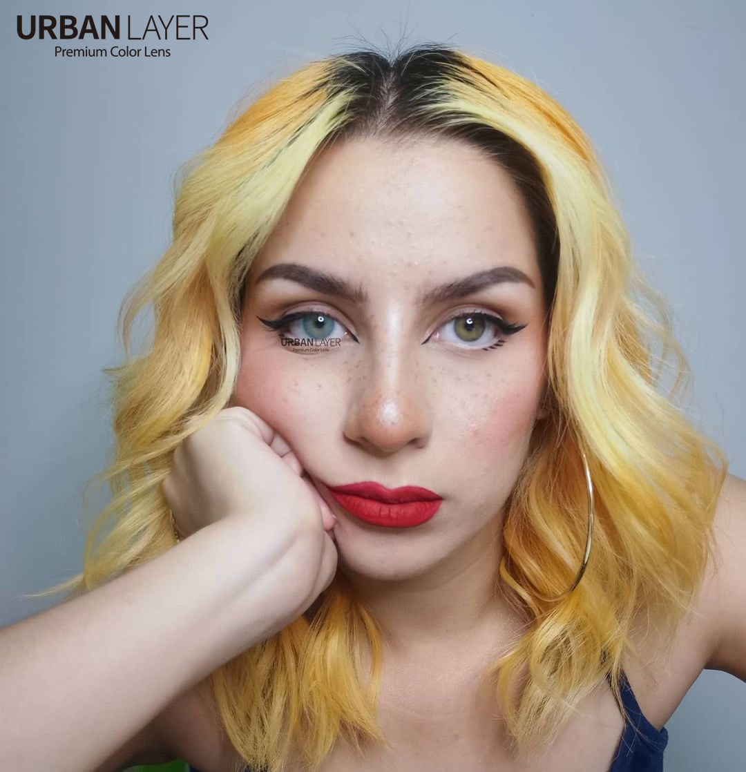 Close-up of Maldives Blue Urban Layer colored contact lenses by Urban-Layer showing vibrant blue iris design.