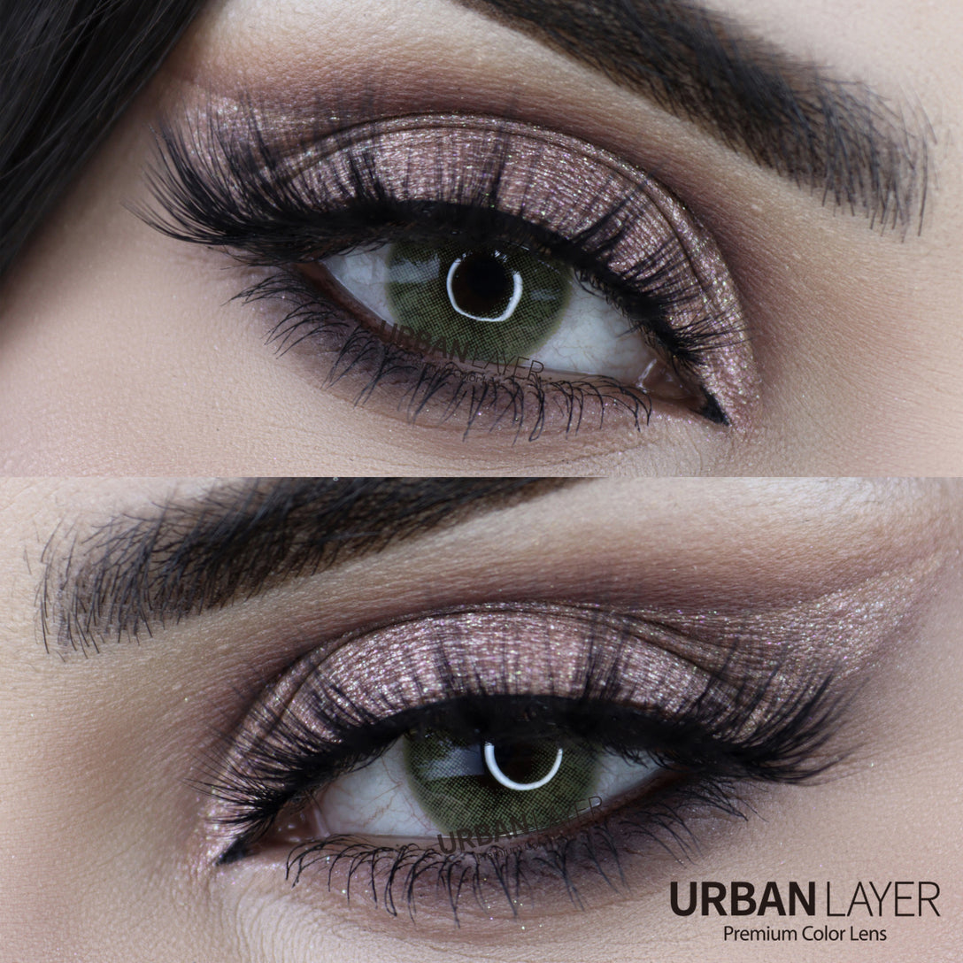 Maldives Green Urban-Layer colored contact lenses in a close-up view showing vibrant green eye enhancement.