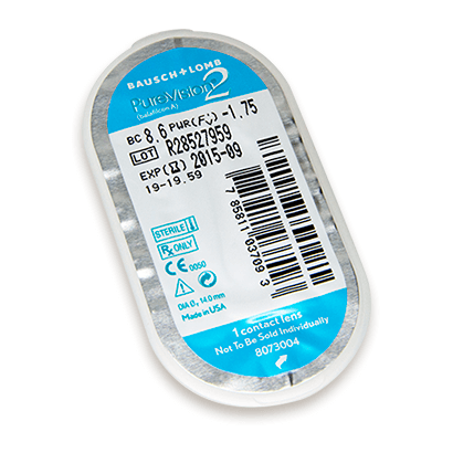Bausch & Lomb Pure Vision 2 prescription contact lenses in a clear, open lens container showing the lenses inside